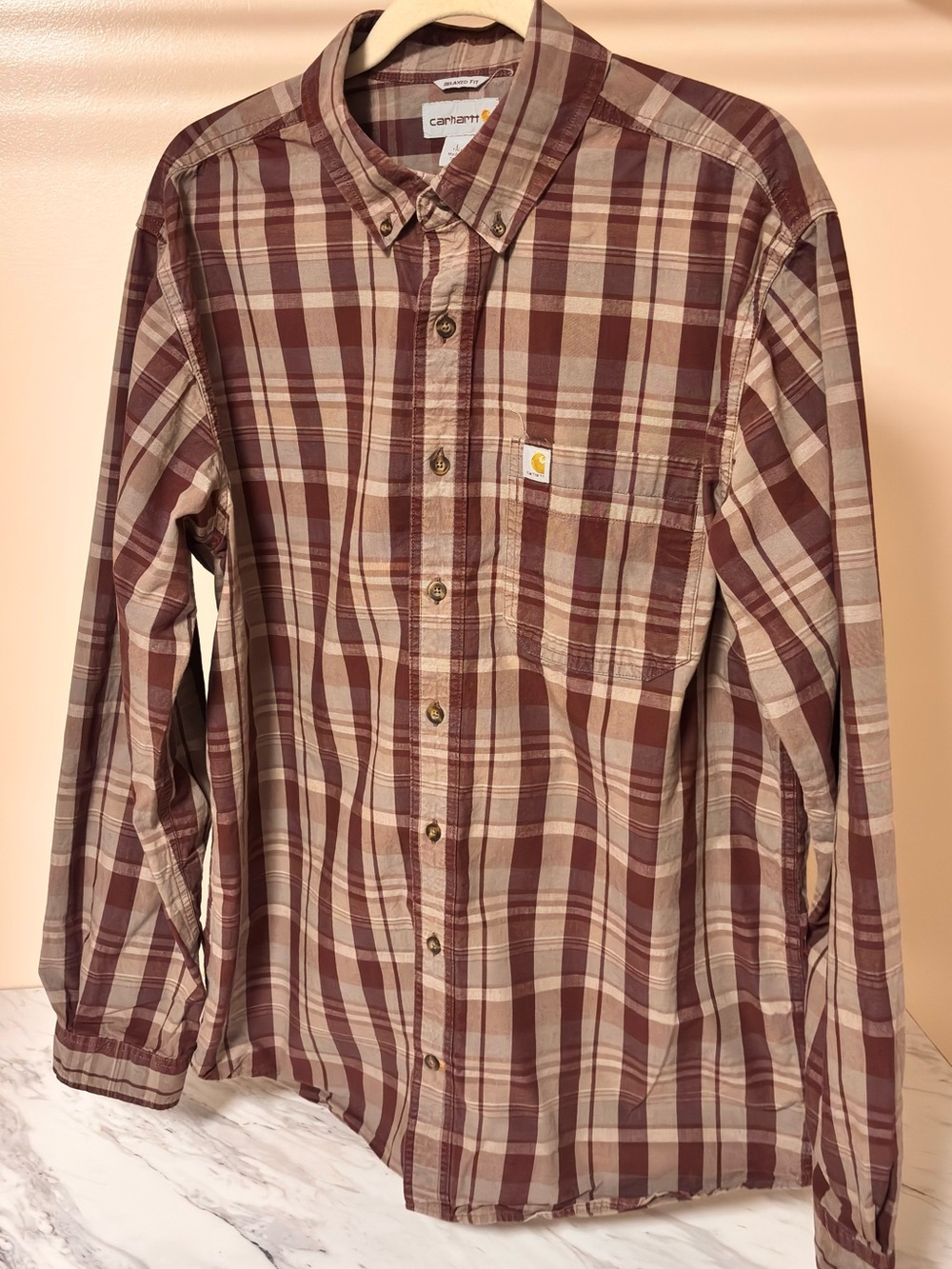 Carhartt Men's Burgundy and Tan Plaid Button-Down Shirt
